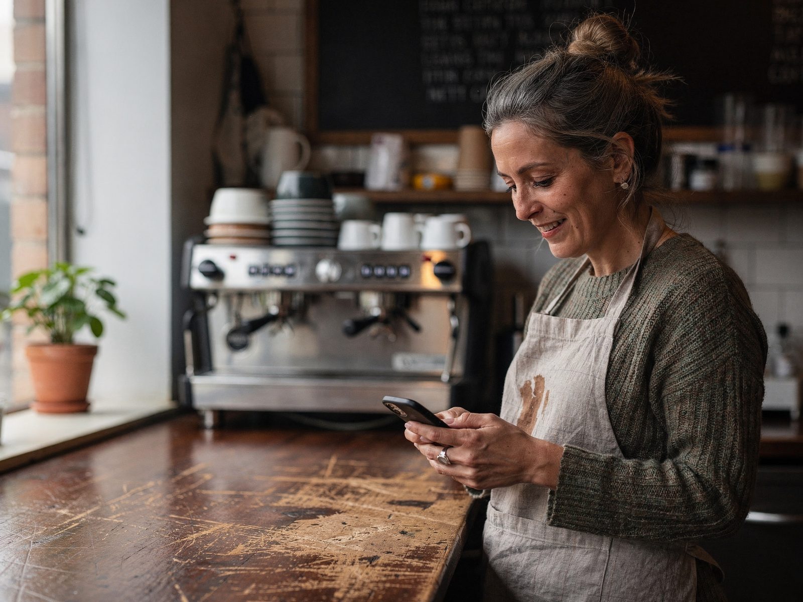 A café owner checking a new booking on her phone at the counter